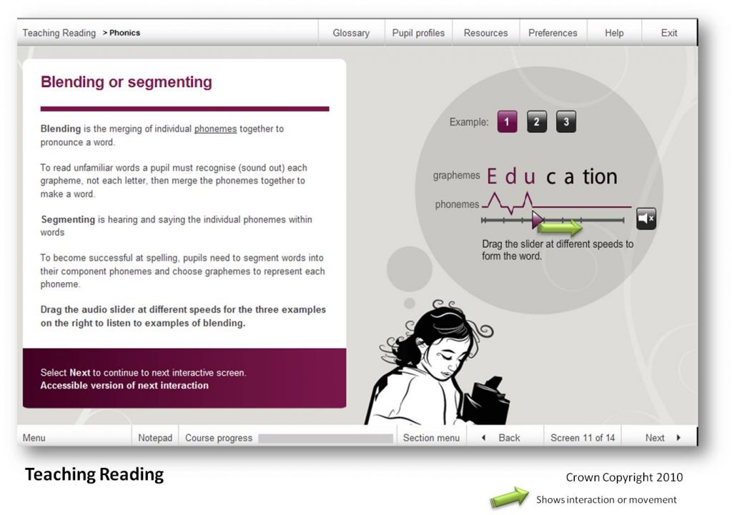 Screen grab of a learning interaction to understand phonetics