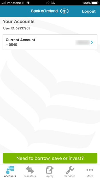 screen grab of the Your Accounts page of the  bireland banking app
