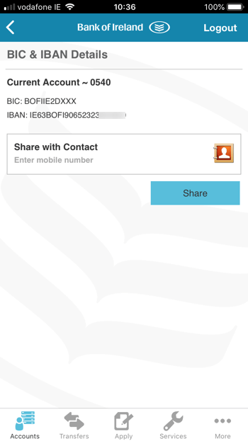 screen grab of the sharing facility in of the bank of ireland banking app