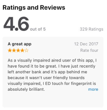 Screen grab of the app review: "As a visually impaired user of this app, I have found it to be great"