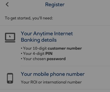 Screen grab from the ulster bank app listing the things needed to get started