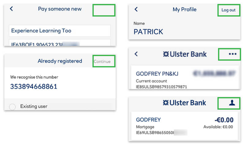 screen grab of the various Ulster Bank app secondary navigation buttons