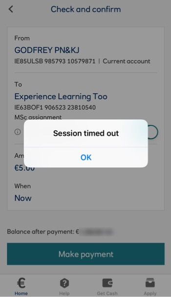 screen grab of the ulster bank app session timed out alert
