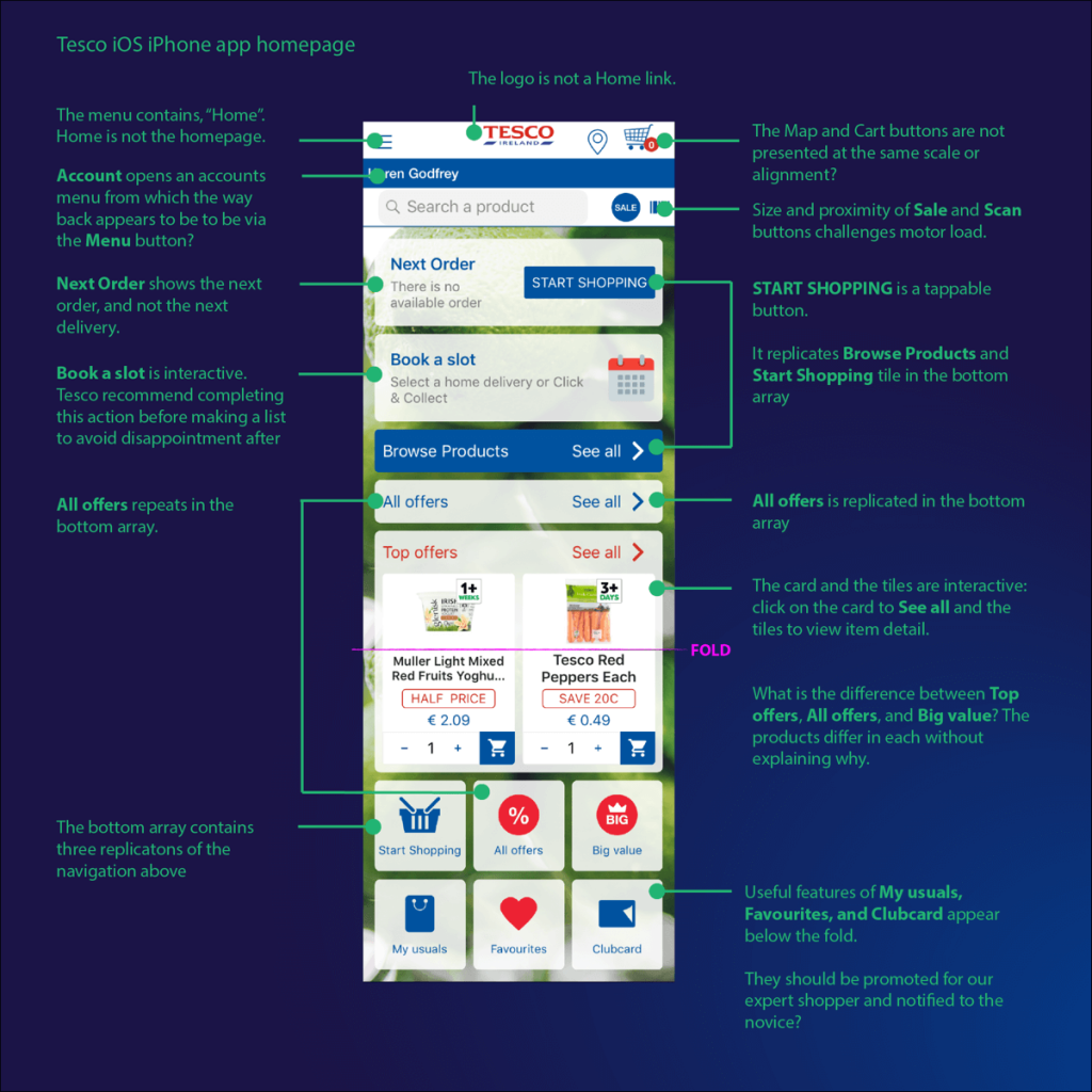 the Tesco grocery app homepage issues