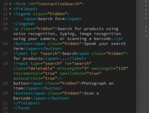 screen grab of raw HTML used to wireframe the search interaction