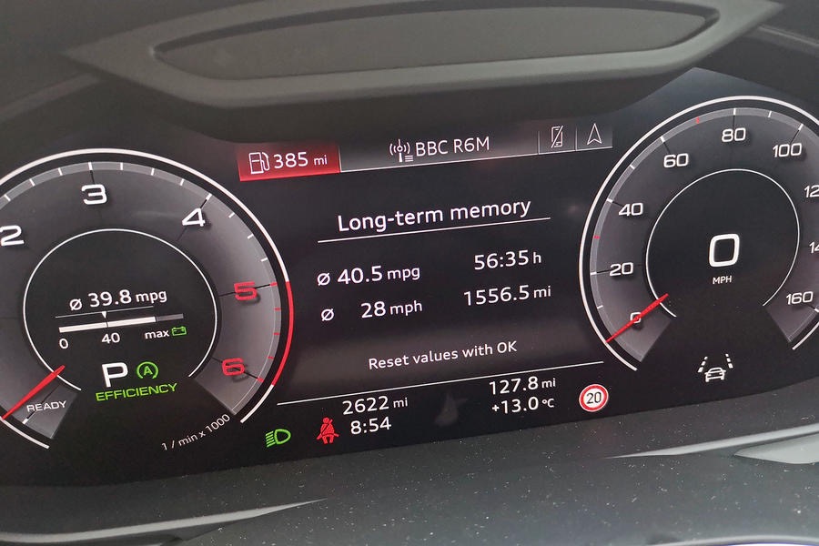 Audi virtual cockpit display showing fuel conservation data