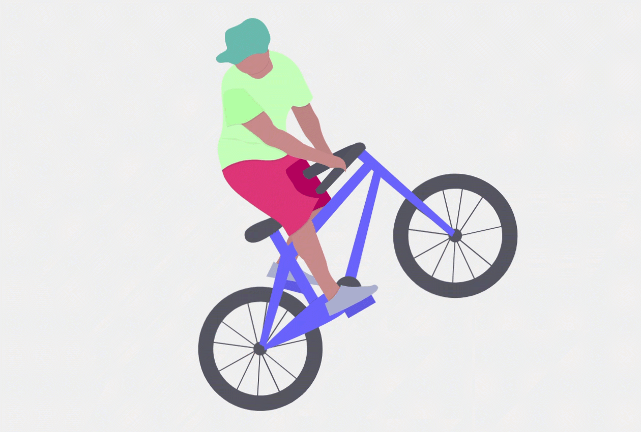 animated GIF of a cartoon-like bike rider pulling a wheelie