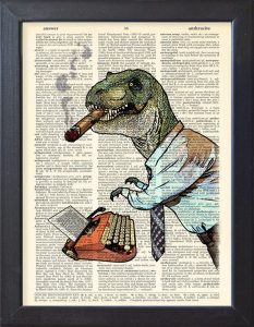 t-rex smoking a cigar and typing with a mechanical typewriter