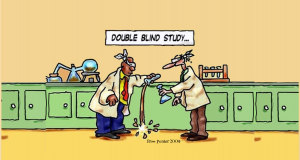 Cartoon titled Double Blind Study with two scientists blindfolded. One pours contents of a test tube and misses the flask held by their colleague. From Punter 2009.