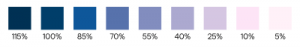 Nine gradients of blue from 115% to 5% opacity. The lighter shades take on a pinkish tone.