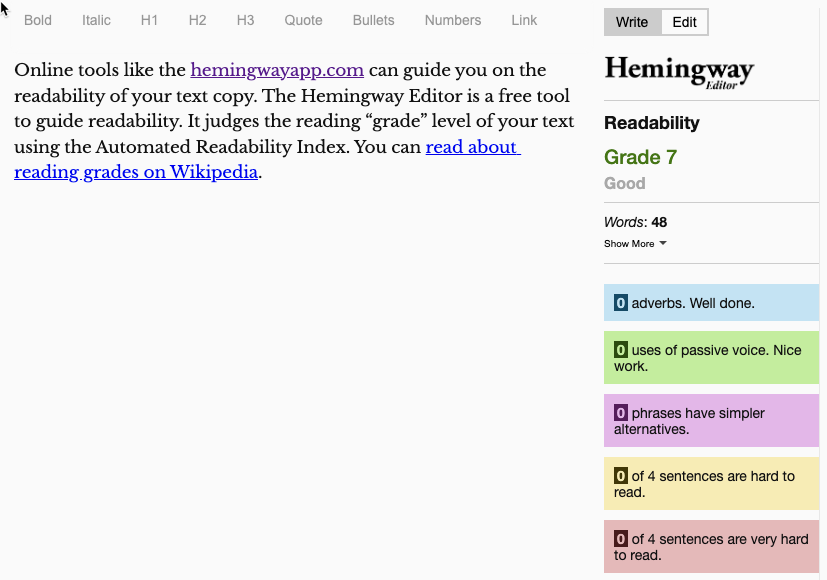 screen grab of the Hemingway App's text editor