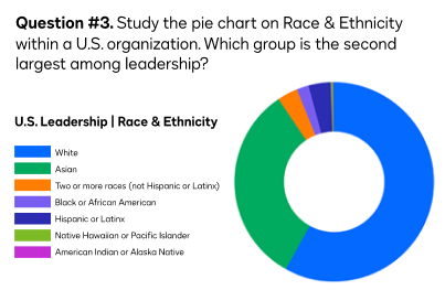 Test question #3: a pie chart representing the race and ethnicity of U.S. leadership within an enterprise.