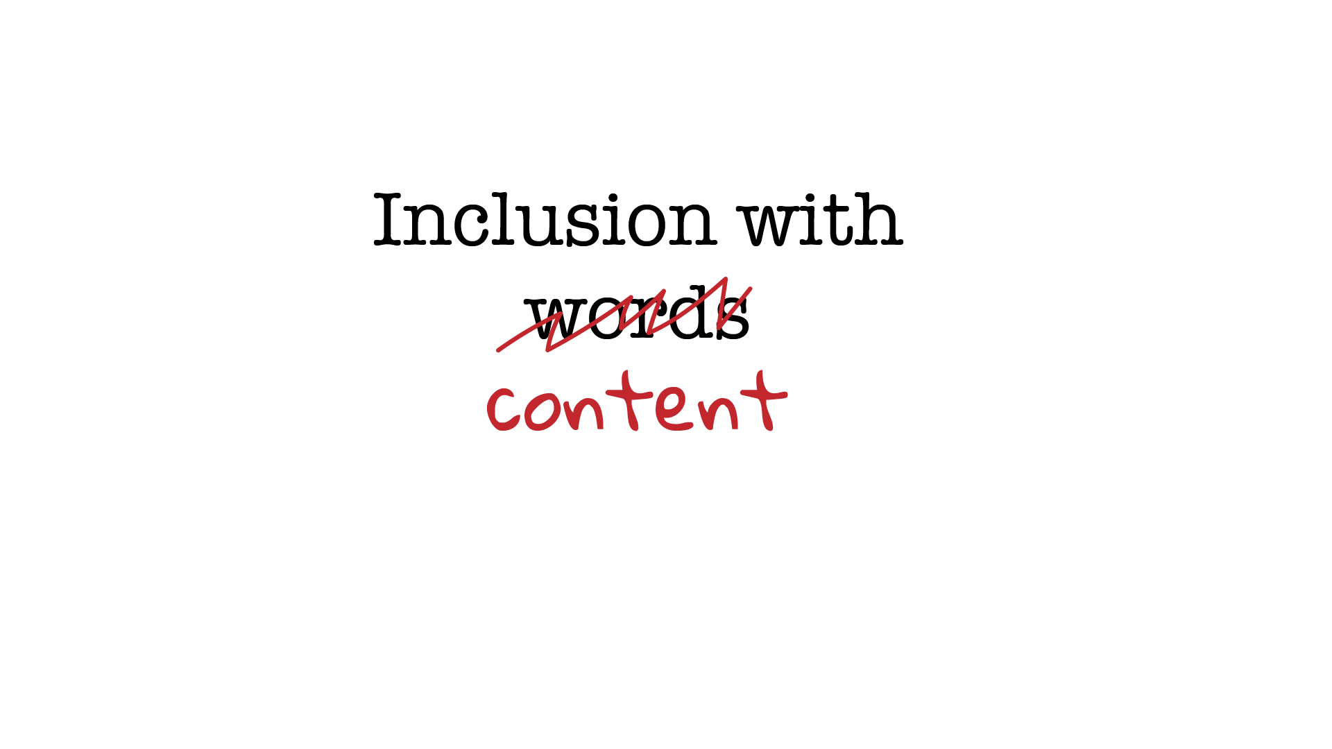 typed words reading as inclusion with words with the word words scrubbed out and handwritten over with content