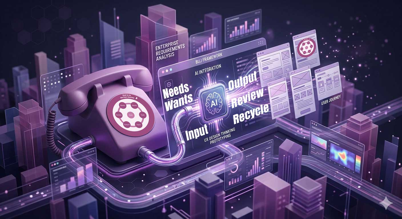 The basic user journey dial on a classic phone set in a three dimensional digital landscape