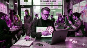 designer crowd in cafe with UX lead examining the basic user journey dial